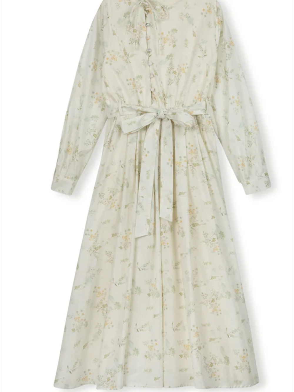 Ivory Floral Tie-Waist Long Sleeve Midi Dress